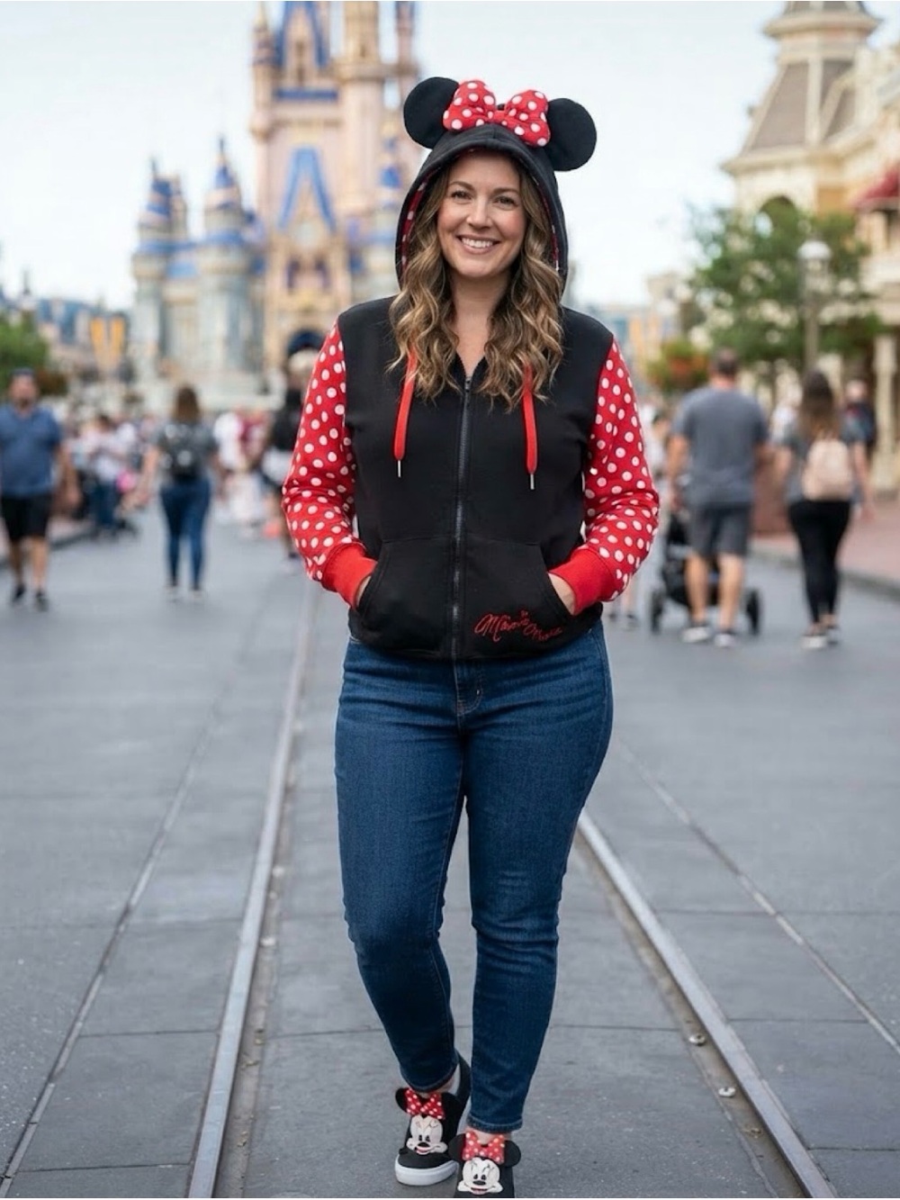 Disney Parks Minnie Mouse Full Zip Hooded Fleece Hoodie Polka Dot Large Ears Bow